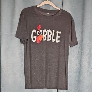 Gray Graphic T-shirt with the word "Gobble" in white letters & turkey image-Med